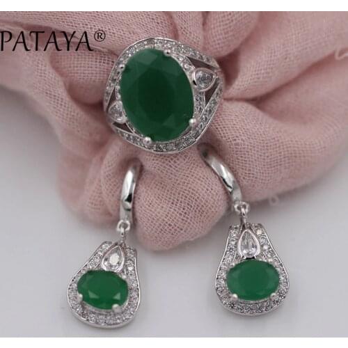 PATAYA Multicolor Oval Natural Zirconia Earrings Ring Sets Women Romantic Wedding Party True White Gold Green India Jewelry Set