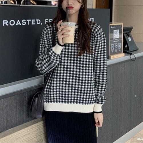 Sweater Women Pullover Knitted Winter Clothes Female Pullover Sweater Dot Plaid Loose Top Korean Style Women Vintage Sweater