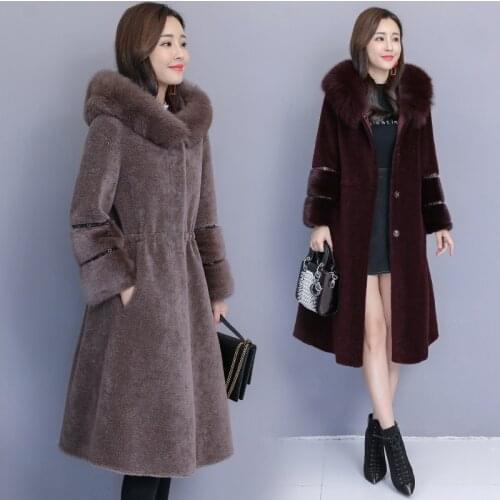 2019 New Fur Coat Female Natural Sheep Shearing Overcoat With Genuine Fox Fur Collar Hooded Long Wool Winter Jacket Women W1100