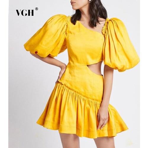 VGH Yellow Casual Dress For Women Skew Collar Puff Half Sleeve High Waist Hollow Out Mini Dresses Female 2021 Summer Fashion New