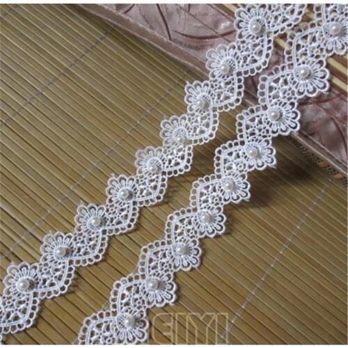 2 Yards Soluble Polyester Pearl Flower Embroidered Fabric Lace Trim Ribbon Handmade DIY Sewing Craft For Costume Hat Decoration