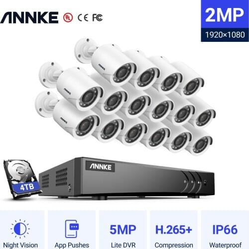 ANNKE 1080P H.264+ 16CH CCTV Camera DVR System 16pcs IP66 Waterproof 2.0MP White Bullet Cameras Home Video Security CCTV Kit