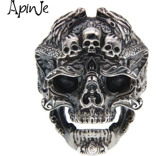 Apinje Handcrafted Thai Silver Sculpture 925 Sterling Silver Skull Ring Men Dragon Gothic Domineering Man Adjustable Rings
