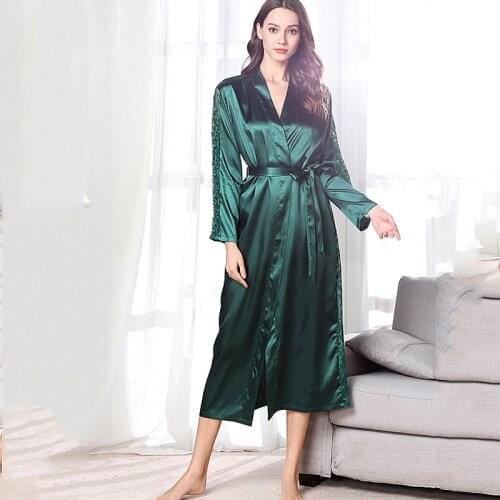 Green Silk Satin Women Robe Bathrobe Long Sleeves Mid Calf Autumn Wedding Bridesmaid Robes Nightgown NW73
