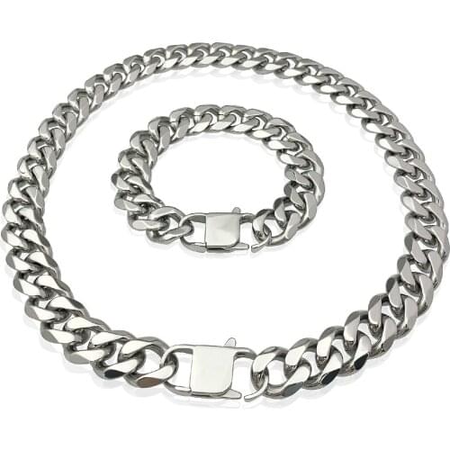 13MM 15MM Cuban Link Chains Necklaces Polishing Stainless Steel Necklace Bracelets Set For Men Women High Quality Jewelry