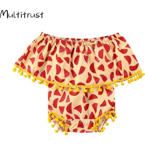 Infants Girls Bodysuit Baby Clothes Jumpsuit Top Yellow Crotch Velcro Cotton Watermelon Print Tassels
