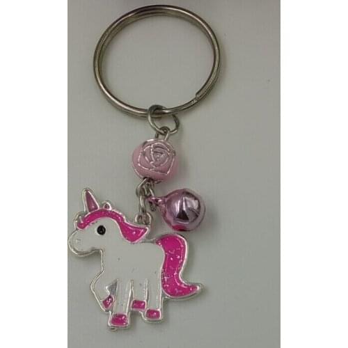Enamel Pink Unicorn-Rose beads and bells Keychain-Fashion jewelry Tibetan silver charm pendant key chain ring DIY Keychain M23