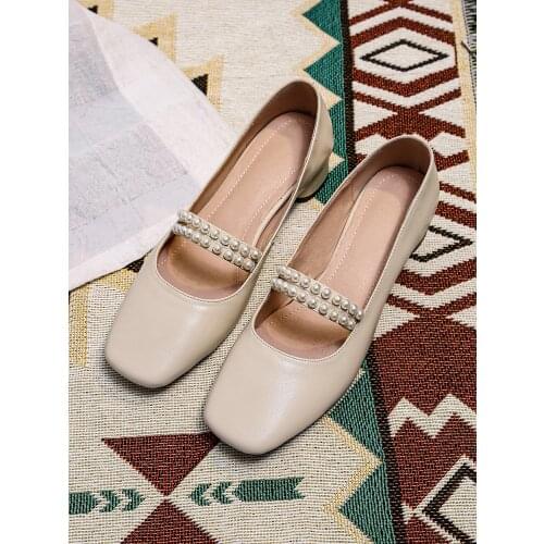 Koovan Women Pumps 2020 New Chunky-Heel Mary Jane Shoes Women Retro Girl Pearl Square Lady Breeze Gentle Shoes