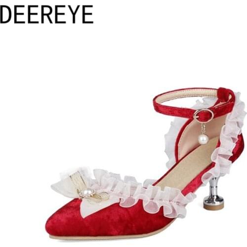 Fashion Velvet Lolita Girls Cosplay Party Princess Ankle Strap Pearls White Lace Bowknot 6CM Strange High Heel Pointed Toe Shoes