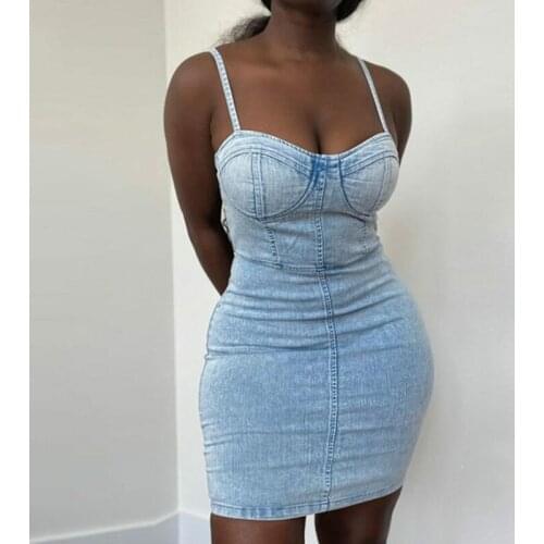 Solid Strap Dress Women Bodycon Dresses Jeans Short Summer Autumn Sleeveless