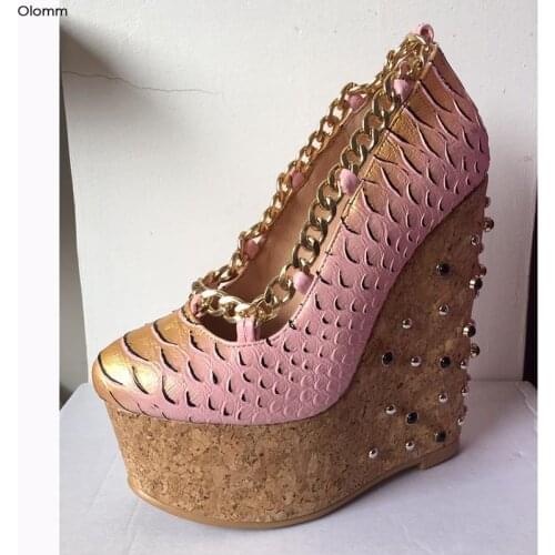 Olomm Handmade Women Platform Pumps Sexy Wedges High Heels Pumps Round Toe Gorgeous Pink Party Shoes Women Plus US Size 5-15