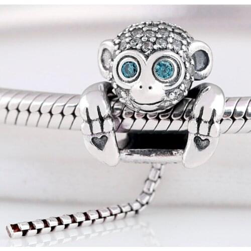 Original A Long Snake-chain Tail Sparkling Monkey With Crystal Beads Fit 925 Sterling Silver Charm Europe Bracelet Diy Jewelry