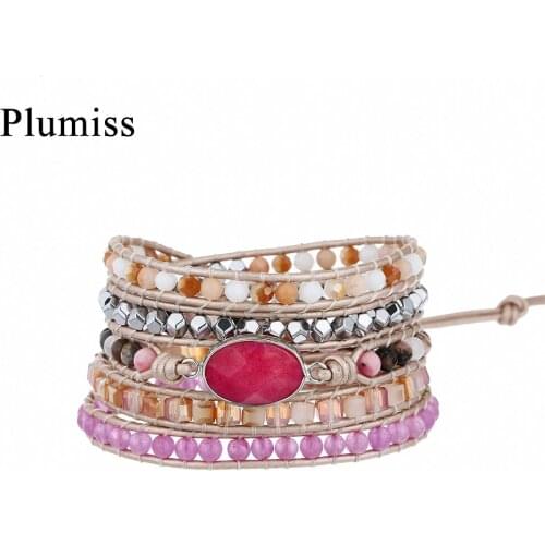 Plumiss Red Jaspers Wrap Bracelets Amethysts Hematite Crystal Handmade Braided Leather Boho Bracelets Jewelry Gifts Dropshipping