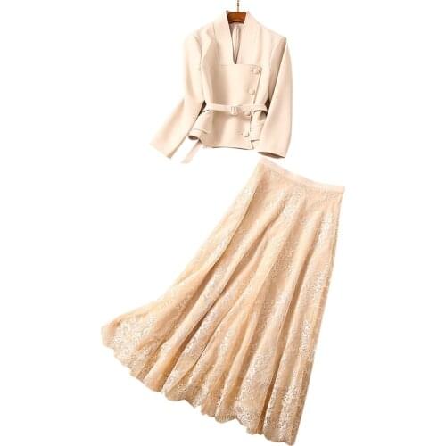 Fall Winter Women Clothing 2Pcs Suit Set Outfits V-Neck Single Breasted Buttons Belt Short Blazer Jacket + A Line Lace Skirt