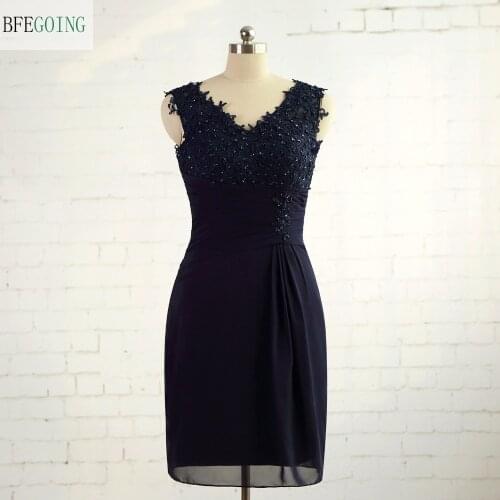 Chiffon V-Neck Sheath Formal Bridesmaid Dress Knee-Length Sleeveless Appliques Beading Real/Original Photos Custom Made