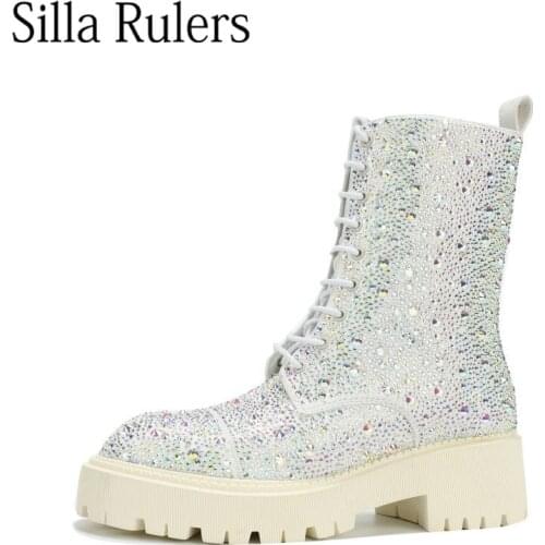 Bling Rhinestone Genuine Leather Chelsea Boots Women Lace Up Ankle Boots Woman Chunky Heels Zip Motoycycle Boots Winter Boots
