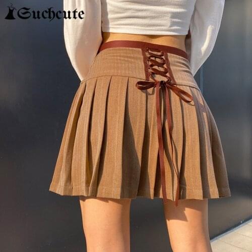 SUCHCUTE Preppy Style High Waist 90s Mini Skirts For Women 2021 New Fashion Streetwear Lace Up Pleated Skirt Vintage Bottom
