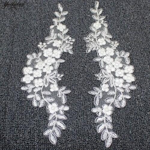 YACKALASI Wedding Appliqued Flower Lace Patches Floral Headwear 3D Flower Embroidered Mirror Pairs Sewing Trims 29*10cm