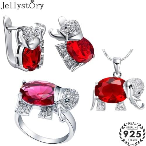 Jellystory Fashion 925 Sterling Silver Jewelry Set with Elephant Shaped Ruby Gemstones Pendant Necklace Earrings Ring for Women