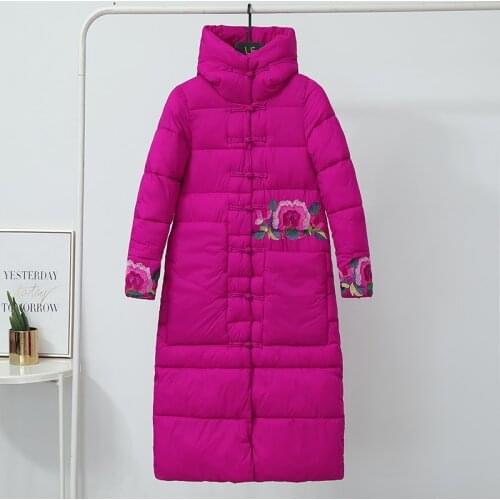 2021 New Long Winter Parkas Jackets Women Embroidery Floral Print Womens Coat Hooded Single Breasted Thick Parka Female Jacket