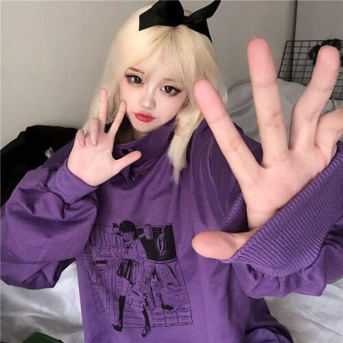 Women Oversized Japanese Anime Punk Loose Long Sleeve Top Harajuku Cartoon Streetwear clothes lime album accessory clothing size