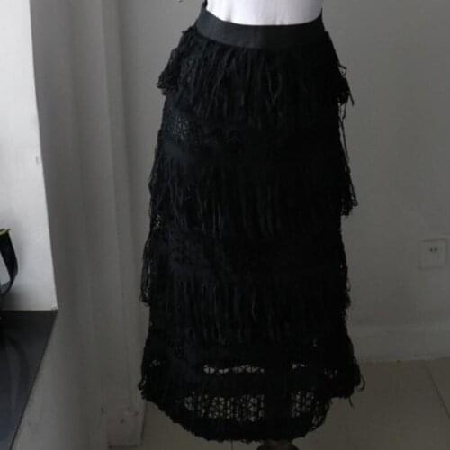 2021 summer vintage black tassel skirt women high waist package hip layered skirt