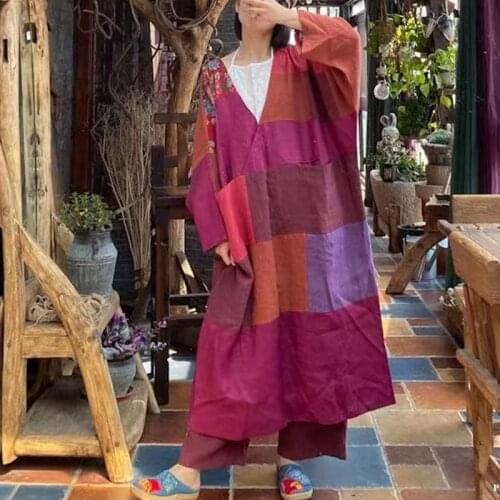 Johnature Linen Patchwork Women Vintage Dresses Chinese Style V-Neck Full Batwing Sleeve Loose 2021 Autumn Dresses