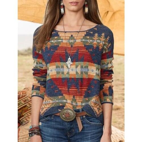 Women Knitted Sweater Fashion Oversized Pullover Ladies Autumn Tops Loose Sweater Ethnic Vintage O-neck Ladies Knit Pullovers