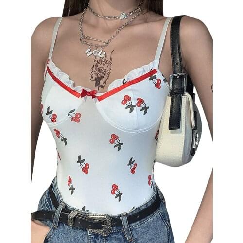 Womens Sexy Bodysuit Cherry Print Lace Spaghetti Strapped V Neck Backless Bodycon Slim Soft Romper Summer Casual Bodysuit
