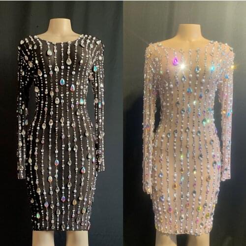 Women Rhinestones Pearls Mesh Dress Birthday Evening Celebrate Party Mini Dress Nightclub Outfit Stage Costume Sexy Dresses