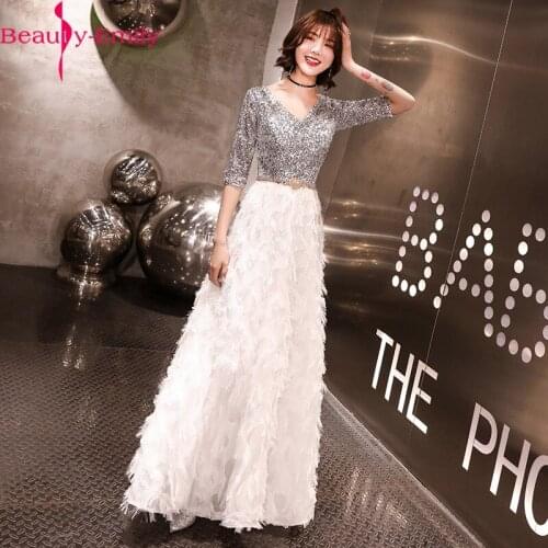 2020 New Arrival Shiny Sequined Evening Dress Long Charming Half Sleeve Zipper Back Hi Low A line Formal Party Dress with Sashes