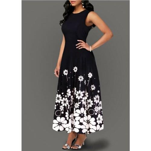 Summer Women Vintage A-Line Maxi Dress Tunic Sleeveless Long Floral Print Sundress Dresses