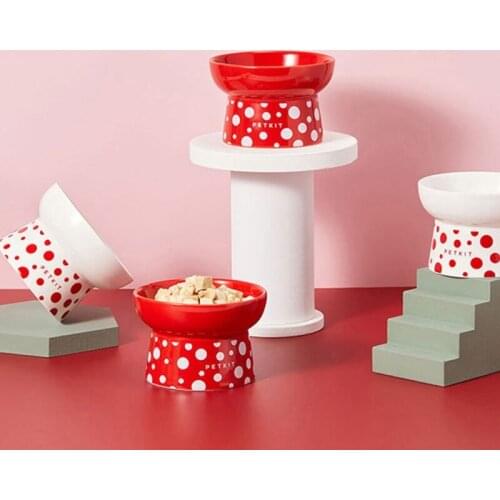 2 Pcs Ceramic Spine Protection Pet Food Bowl Polka Dot Printing Decoration Food