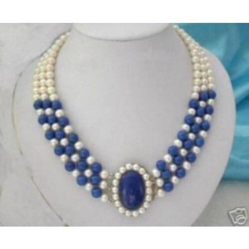 3 rows 7-8mm white pearls lazuli necklace word wholesale mujer for women nature fresh pearl chain 925 fine quality jewe
