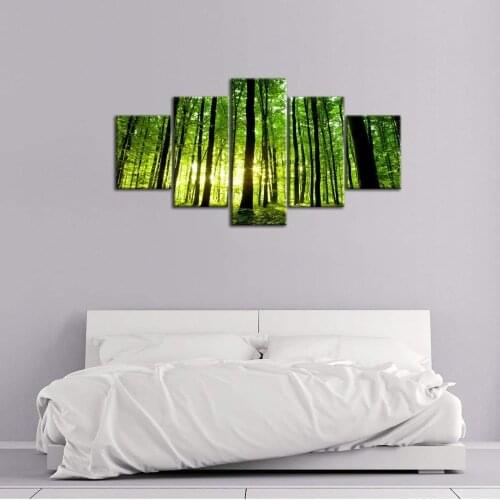 5 Panel Canvas Painting Sunlight Green Tree Forest Landscape Modular Picture for Wall Art Bedroom Living Room Home Decor