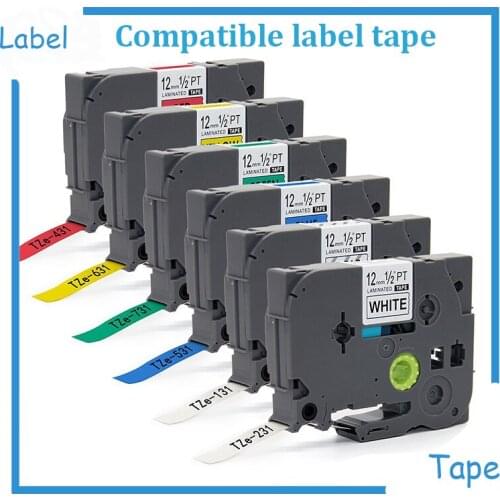 6pk/lot 12mm Compatible Brother P-touch Laminated Label Tapes Combo Set TZe-131 TZe-231 TZe-431 TZe-531 TZe-631 TZe-731