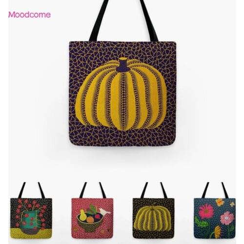 Abstract Graphic Polka Dots Flower Vase Modern Yellow Pumpkin Art Japanese Yayoi Kusama Linen Shopping Tote Bag Shoulder Bag