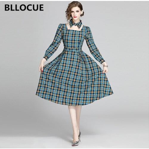 BLLOCUE New 2020 Spring Fashion Vintage Plaid Printed Dress Women Long Sleeve Slim Elegant Office Midi Dress