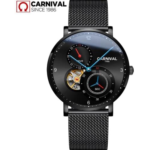 CARNIVA Men Automatic Watch Mesh Band Brief Ultra Thin Small Seconds Dial 24 hours Luxury Mechanical Watch Simple Business Watch