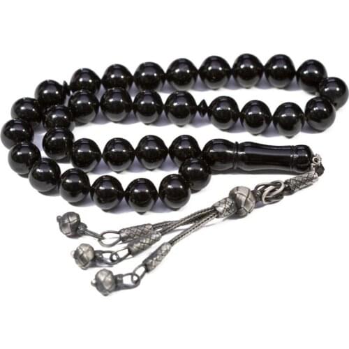 Black Natural Jet Stone Prayer Bead With Silver Tassel Men Rosary Islamic Tasbih With Kazaz Tassel 925 Sterling Silver