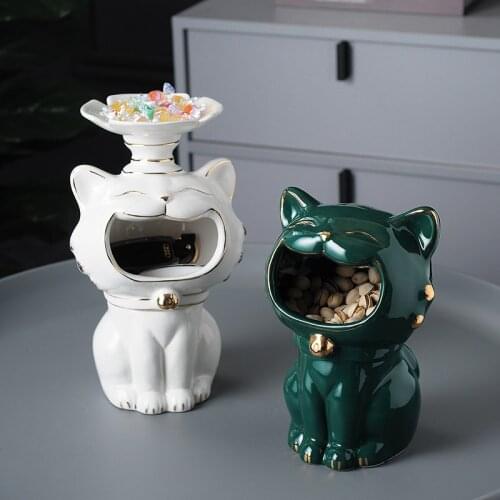 Ceramic Home Decor Lucky Cat Figurine Table Top Candy Storage Box Entrance Porch Shoe Cabinet Sundries Storage Ornaments