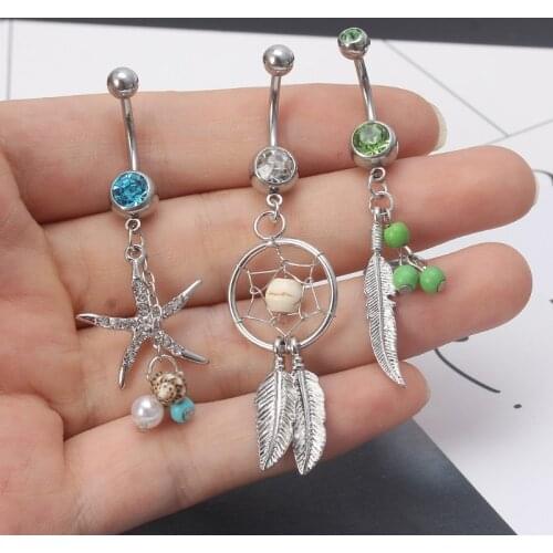 5pcs Novelty Dangle Belly Button Rings Dream Catcher Leaf Body Piercing Jewelry W0YA