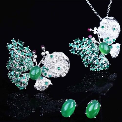 Original Design Gorgeous Butterfly Wedding Jewelry Sets For Women Elegant Emeralds Chalcedony Pendants Necklace Earring Ring Set
