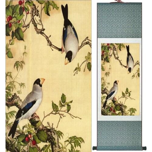 LangShining ink painting Birds and flower Painting Spring Ink wash painting silk scroll birds and flower painting