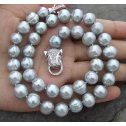 Leopard Clasp AAA 9-10MM NATURAL SOUTH SEA BAROQUE GRAY PEARL NECKLACE 18