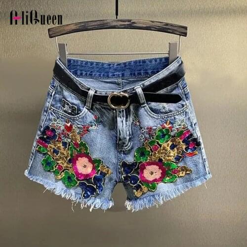 Summer Streetwear Women Embroidery Sequins Denim Shorts High Waist Sexy Short Jeans Female Vintage Tassel Hot Pants Plus Size