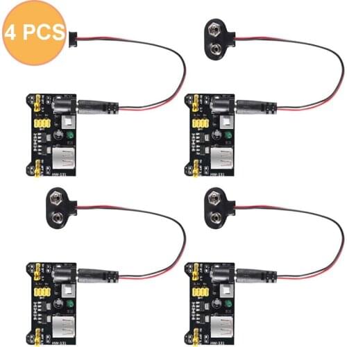 4 PCS MB102 Breadboard Power Supply Module and 9V Battery Clip with 2.1mm X 5.5mm Male DC Plug Assortment Kit for Arduino
