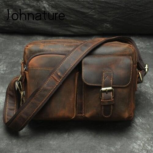 Johnature Retro Multi Functional Men Shoulder Bag 2021 New Crazy Horse Leather Large Capacity Solid Color Cowhide Messenger Bag