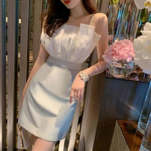 KoukiMa New Arrival Comfortable Two Pieces Sets Sleeveless Elegant Mini Strap Dress Sexy Party Y2k Slash Neck Dress Fashion 2021