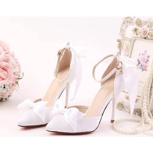 Autumn new style white sweet pointed bow girl sandals one word buckle wrist strap stiletto adult banquet fashion high heels